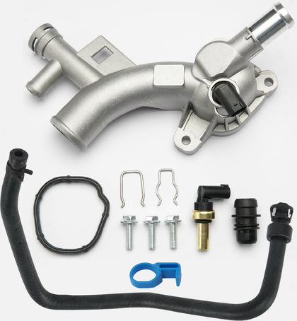 Aluminum Engine Coolant Thermostat Housing Water Outlet Kit with Coolant Reservoir Inlet Hose Compatible with 2011-2021