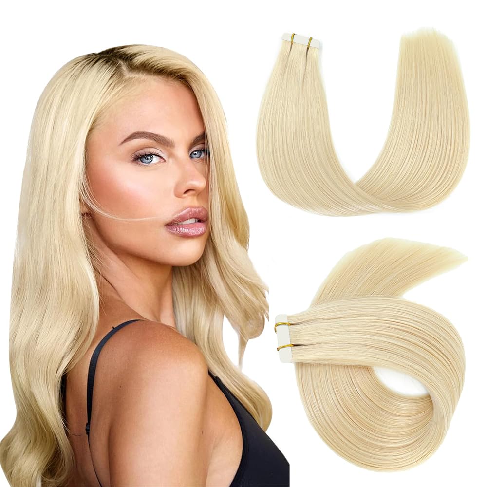 20 Inch #613 Blonde Tape in Extensions Human Hair 613 Straight Tape ins Hair Extensions Real Human Hair Skin Weft Seamless Invisible Remy Hair 40g 10Pcs.