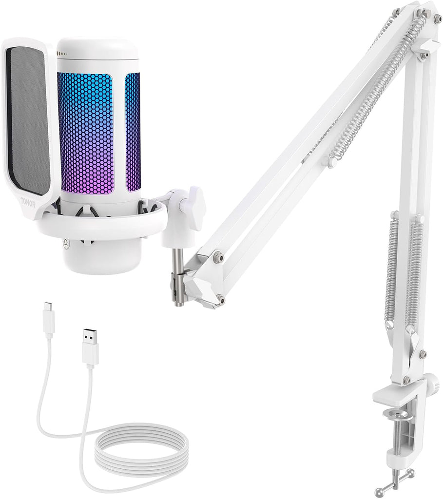 TONOR Gaming Microphone Arm Set, RGB Condenser Mic with Boom Arm, Quick Mute, Adjustable RGB Brightness, Pop Filter, Shock Mount, Gain Control for Streaming, Discord Twitch YouTube,TC310+ White
