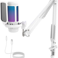 TONOR Gaming Microphone Arm Set, RGB Condenser Mic with Boom Arm, Quick Mute, Adjustable RGB Brightness, Pop Filter, Shock Mount, Gain Control for Streaming, Discord Twitch YouTube,TC310+ White