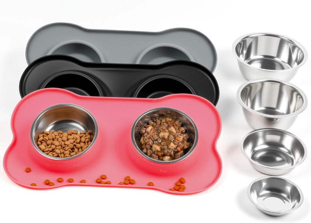 Conlun Dog Bowls with Silicone Mat, No Spill Stainless Set, S, Pink