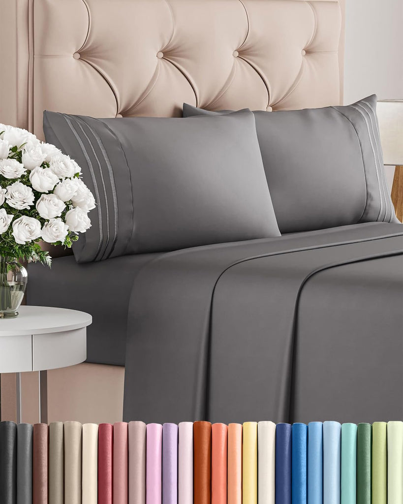 King Size 4 Piece Sheet Set - Comfy Breathable & Cooling Sheets - Dark Grey