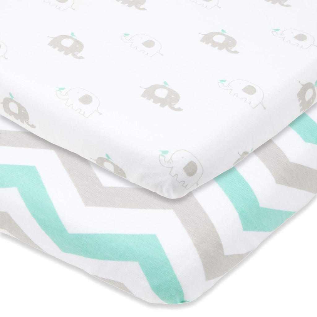 Joey + Joan Bassinet Fitted Sheets for Nestig Mini Crib, Graco Travel Lite Crib & Bassinets, Guava Bassinet 20x30 Inch – 100% Jersey Cotton Fitted Sheets – Grey, Mint – 2 Pack