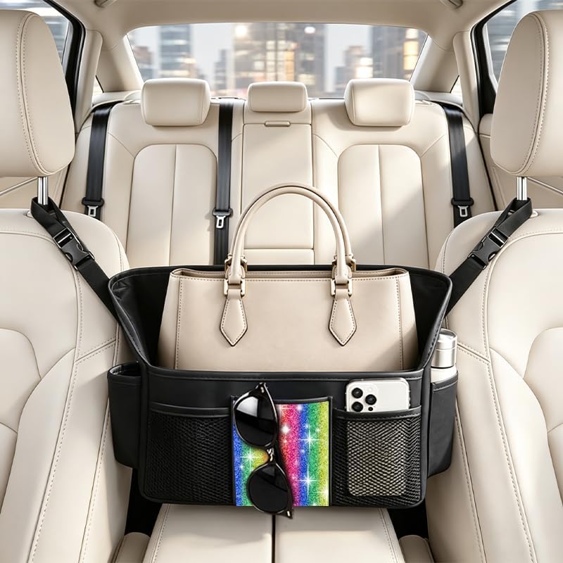 Donpeshe Color Diamond Car Handbag Holder Between Seats Bling Rhinestone Car Storage Bag Large Capacity Purse Phone Automotive Consoles Organizer Safe Barrier of Backseat Pet Kids…