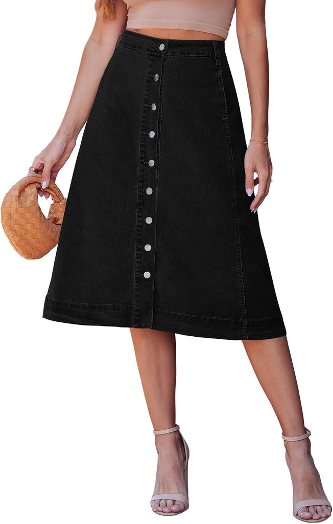 luvamia Jean Skirts for Women Trendy Midi Length A Line Black Skirt for Women with Pockets Midi Jean Skirts Denim Button Down Western Outfit True Black Size Small US 4 to 6