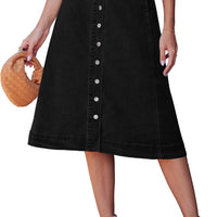 luvamia Jean Skirts for Women Trendy Midi Length A Line Black Skirt for Women with Pockets Midi Jean Skirts Denim Button Down Western Outfit True Black Size Small US 4 to 6