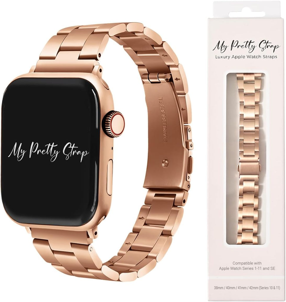 My Pretty Strap Classic Vogue Band Compatible with Apple WATCH SE Series 9 8 7 6 5 4 3 2 1, 38MM / 40MM / 41MM, Stainless Steel Metal Rose Gold for Women