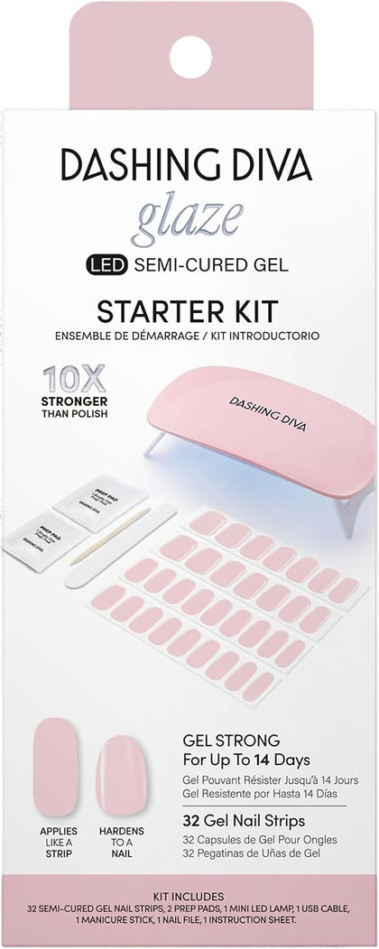 Dashing Diva Glaze Nail Starter Kit - Pale Blush - Long Lasting, Chip Resistant, Semi-Cured Gel Nail Strips - 7-Piece Manicure Set with 32 Strips and Mini LED Lamp