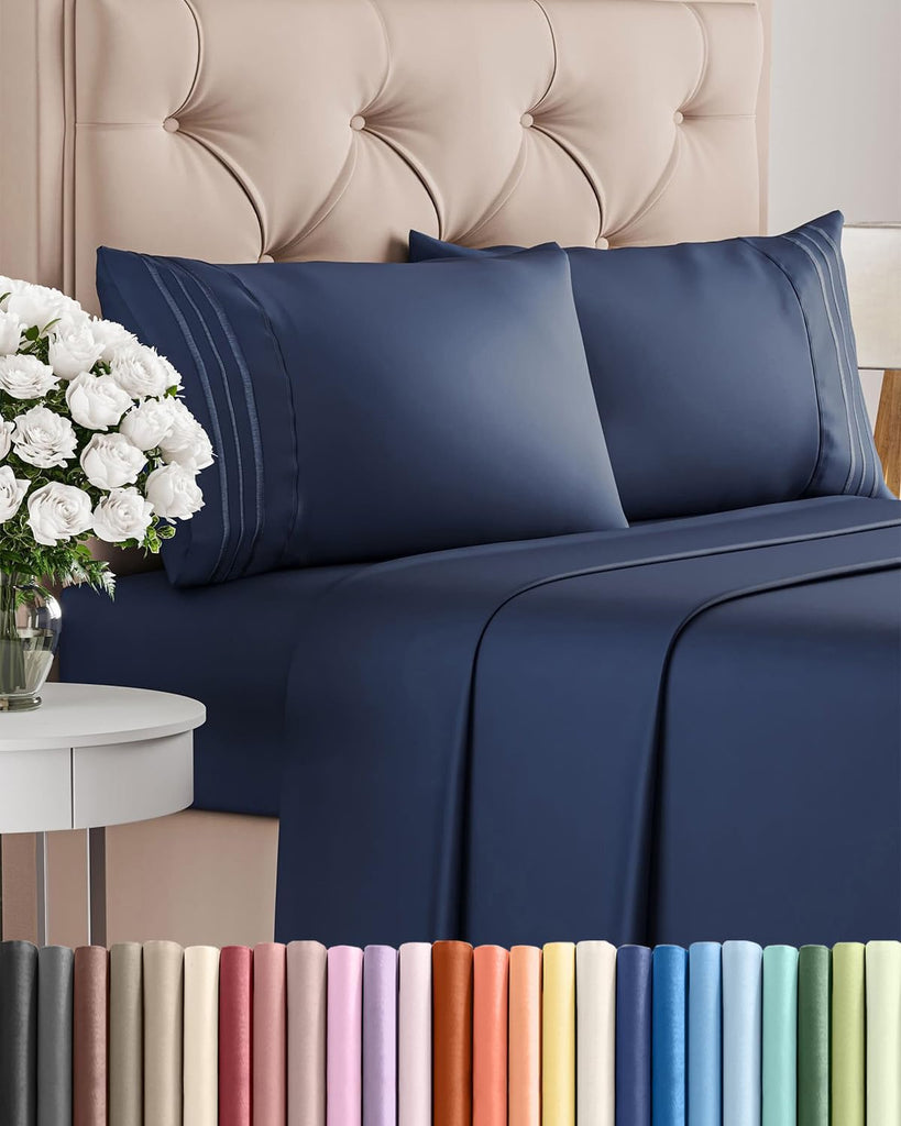 Full Size 4 Piece Sheet Set - Comfy Breathable & Cooling Sheets - Navy Blue