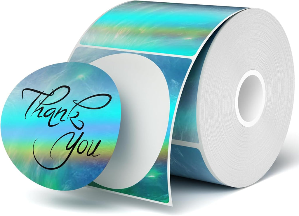 3 Inch Holographic Thermal Sticker Labels, Holographic Thermal Sticker Labels, with Rainbow Wave and Glitter Deign, Suitable for Every Tags, Custom DIY Logo Applications, Aurora Blue, (200Pcs/Roll)