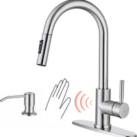 TOYWIA Touchless Kitchen Faucets with Pull Down Sprayer and Soap Dispenser, Brushed Nickel Smart Motion Sensor Stainless Steel Sink Faucet, 1 or 3 Hole Deck Plate Mount for RV, Bar, Outdoor