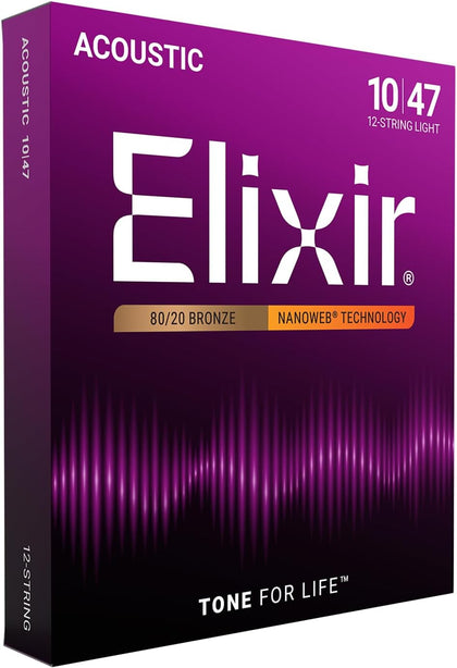 Elixir Strings, Acoustic Guitar Strings, 80/20 Bronze with NANOWEB Technology, Longest-Lasting Bright and Focused Tone For Life with Comfortable Feel, 12 String Set, Light 10-47