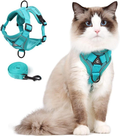 Cat Harness and Leash Set, Upgraded Escape Proof Adjustable Vest with Lead for Kitten Puppy Outdoor Walking, Soft Breathable Mesh Jacket with Reflective Strips for Dark Night (M2, Emerald Green)