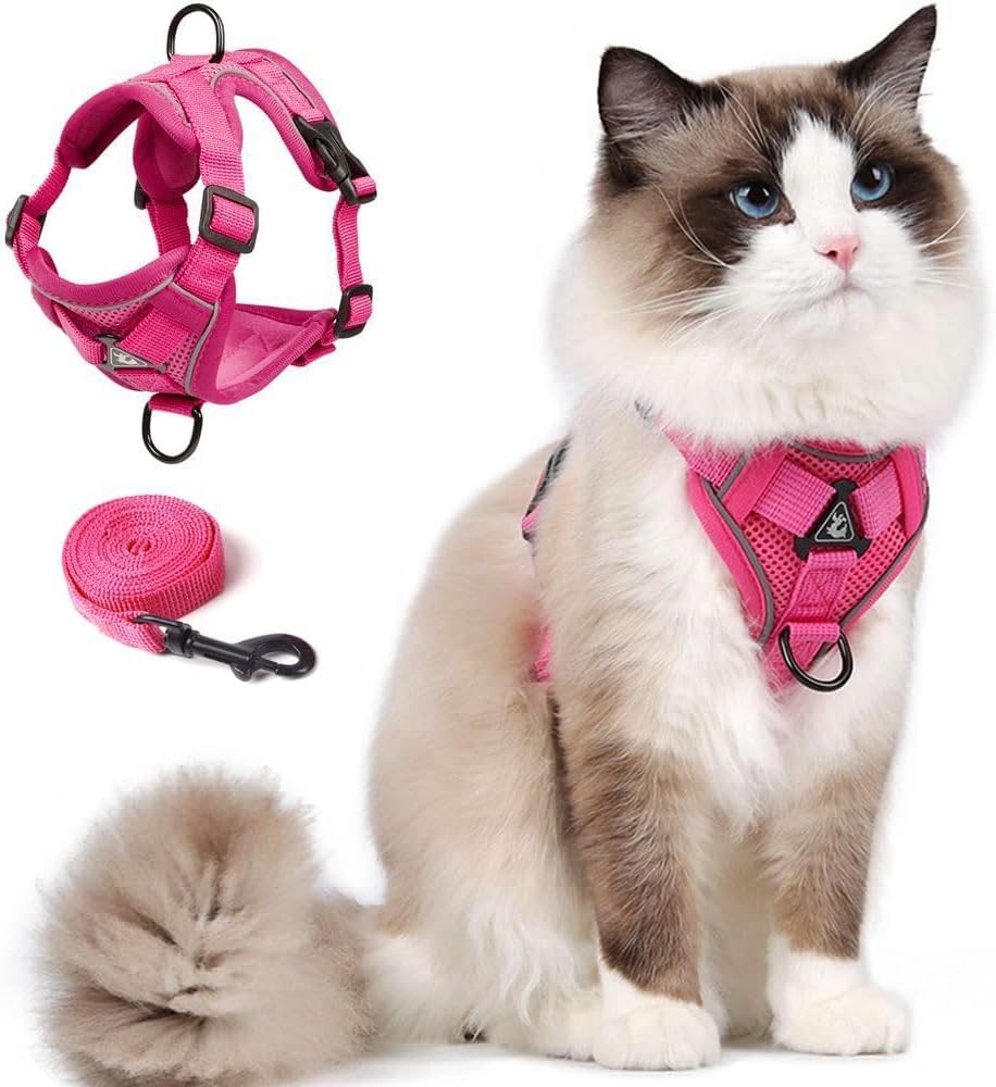 skmeditec Cat Harness and Leash Set, Upgraded Escape Proof Vest with Lead for Large Cat Small Dog Puppy Walking, Soft Jacket with Reflective Strips L Size Rose Pink