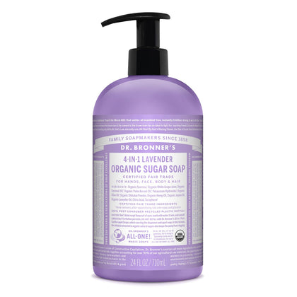 Dr. Bronner's - Organic Sugar Soap (Lavender, 24 Ounce) - Made with Organic Oils, Sugar and Shikakai Powder, 4-in-1 Uses: Hands, Body, Face and Hair, Cleanses, Moisturizes and Nourishes, Vegan