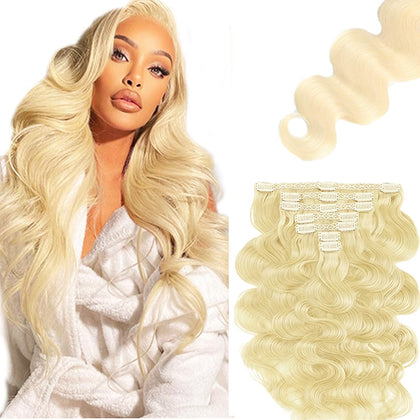 #613 Blonde Clip in Hair Extensions,14 Inch Soft Real Human Hair 120g 7pcs,Brazilian Remy Blonde Clip ins for Women,#613 Body Wave Clip ins Hair Extensions