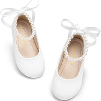 PHIRAMIN Toddler Flower Girl Faux Leather White Dress Shoes - Little Girl Ballet Flats Size 11 Pearl Wedding Party