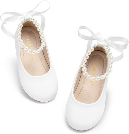 PHIRAMIN Toddler Flower Girl Faux Leather White Dress Shoes - Little Girl Ballet Flats Size 11 Pearl Wedding Party