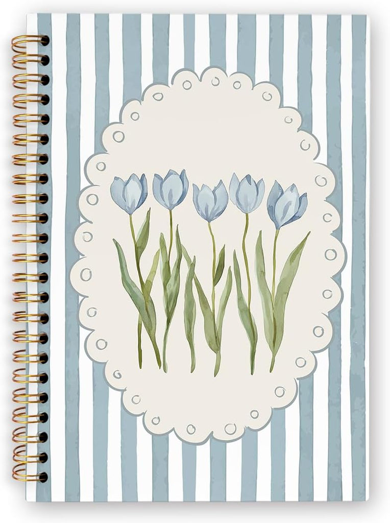 dvhdajed Grandmillennial Blue Tulip Floral Spiral Notebook,Preppy Chinoiserie Floral Journaling Notebooks,Blue Striped Botanical Spiral Journal for Women,Floral Office School Supplies Gifts,5.5x8.3In