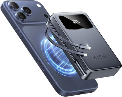 ATGIH 20000mAh Magsafe Wireless Power Bank, 5-in-1 Portable Charger with 2 Built in Cables, 20W PD Fast Charging for Magnetic Battery Pack Phone Charger, for iPhone 17 16 15 14 13, 12，All Series