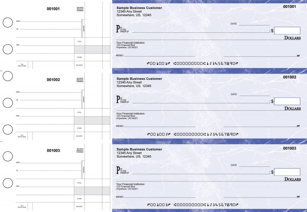 ABC Manual Checks for Business 3 on a Page with Stub Voucher, Blue Checks (100 Checks)