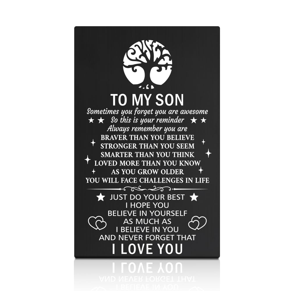GEYGIE To My Son Never Forget That I Love You Black Wallet Card, Engraved Metal Wallet Insert Card Love Notes from Mom,