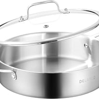 DELARLO Tri-Ply Stainless Steel 7QT Saute Pan With Lid, 12 Inch Deep Frying Pan, Induction Large Skillet, Cooker Pan for Chefs, Dishwasher & Oven Safe