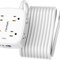 20 Ft Surge Protector Power Strip - 8 Widely Outlets with 4 USB Ports, 3 Side Outlet Extender with 20 Feet Extension Cord, Flat Plug, Wall Mount, Desk USB Charging Station, ETL, White