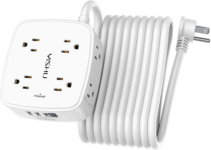 20 Ft Surge Protector Power Strip - 8 Widely Outlets with 4 USB Ports, 3 Side Outlet Extender with 20 Feet Extension Cord, Flat Plug, Wall Mount, Desk USB Charging Station, ETL, White