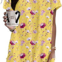 Poetsky Boho Tops for Women Floral Print V Neck Comfy Dressy Top for Women Lightweight Loose Fit Womens Blouses with Pockets Yellow X-Large