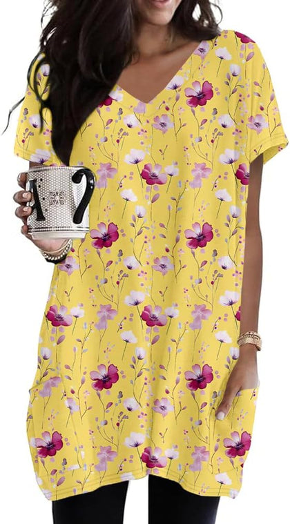 Poetsky Boho Tops for Women Floral Print V Neck Comfy Dressy Top for Women Lightweight Loose Fit Womens Blouses with Pockets Yellow X-Large
