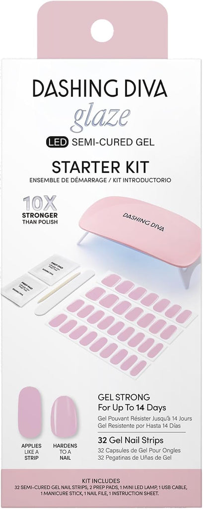 Dashing Diva Glaze Nail Starter Kit - Powder Pink - Long Lasting, Chip Resistant, Semi-Cured Gel Nail Strips - 7-Piece Manicure Set with 32 Strips and Mini LED Lamp