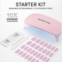 Dashing Diva Glaze Nail Starter Kit - Powder Pink - Long Lasting, Chip Resistant, Semi-Cured Gel Nail Strips - 7-Piece Manicure Set with 32 Strips and Mini LED Lamp