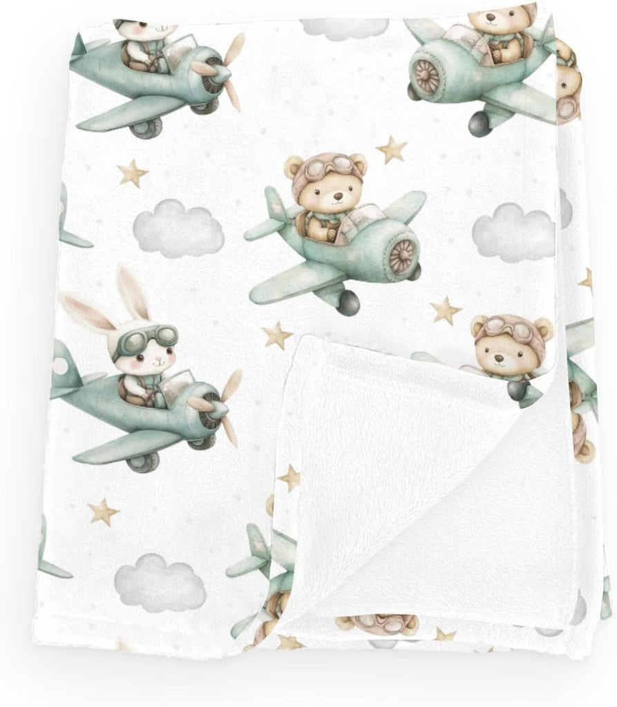 Wicbfdfv Cute Bear Bunny Plane Baby Blankets for Boy Girl Green Airplanes Bears Rabbit Moon Stars Flannel Fleece Nursery Animal Pilot Bed Receiving Swaddle Breathable Newborn Kid Crib Bedding White