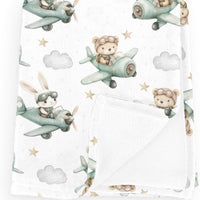 Wicbfdfv Cute Bear Bunny Plane Baby Blankets for Boy Girl Green Airplanes Bears Rabbit Moon Stars Flannel Fleece Nursery Animal Pilot Bed Receiving Swaddle Breathable Newborn Kid Crib Bedding White