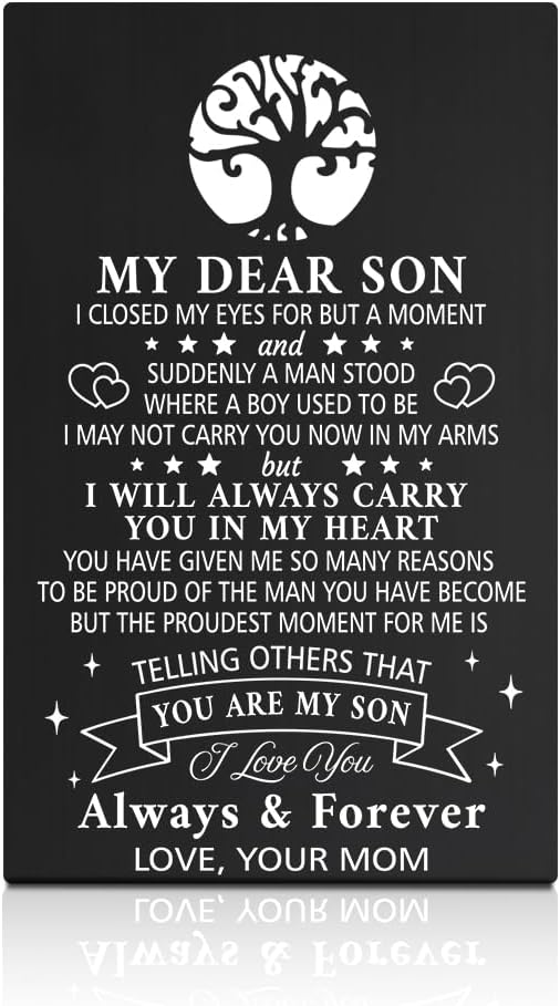 GEYGIE My Dear Son I Love You Always & Forever Black Wallet Card, Engraved Metal Wallet Insert Card Love Notes from Mom, Graduation Birthday Coming of Age Wedding Freshman Gifts for Son with Greeting