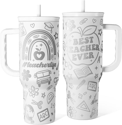 Best Teacher Ever Tumbler 40oz, Stainless Steel Insulated Coffee Travel Cups with Handle, Teacher Appreciation Gifts for Women, Teachers Gift for Valentines Farewell Birthday Christmas Teacher's Day