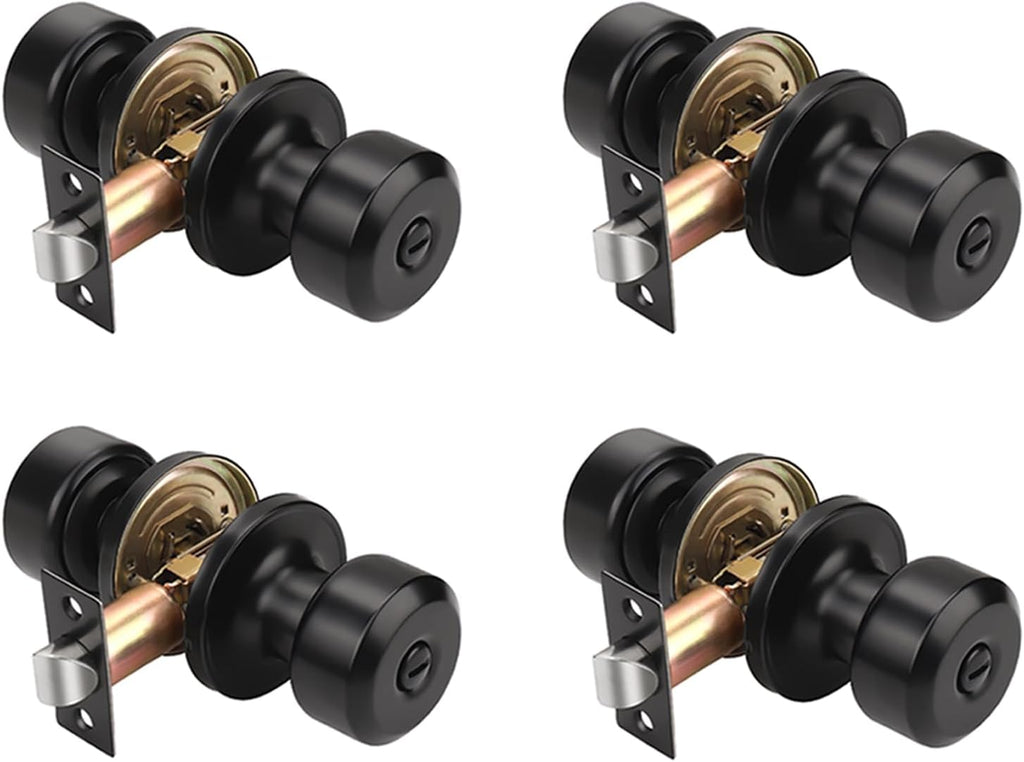 KNOBWELL Interior Door Knobs with Cylindrical Shape Knob, Matte Black Door Knob for Bedroom Bathroom, Keyless Privacy Door Knob with Lock, Stainless Steel Door Handle, 4 Pack