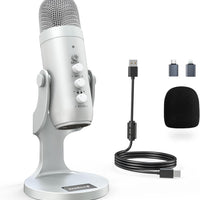 ZealSound Podcast Microphone for PC, Noise Cancellation USB Mic with Gain, Volume Adjustment & Mute Button, Monitoring & Echo, for YouTube, TikTok, Podcasting, Streaming, iPhone, iPad, Android(Silver)