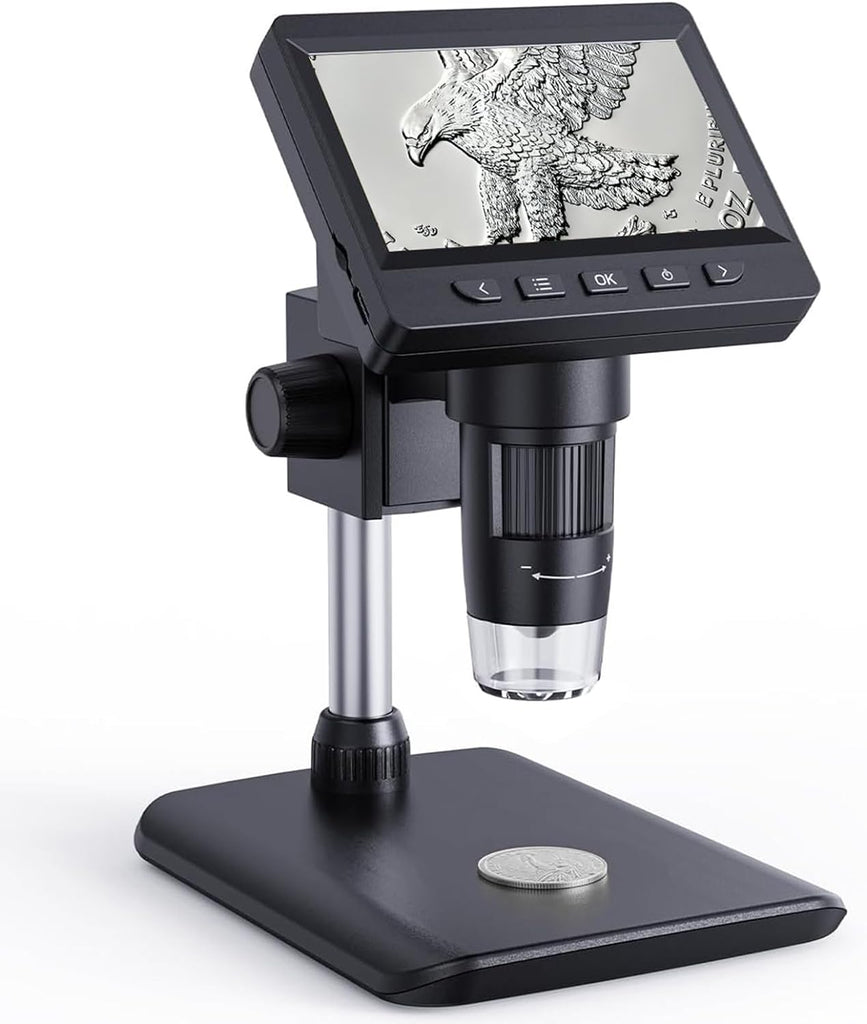 AOPICK Digital Microscope, Coin Microscope with Light Adjustable Brightness 4.3" HD LCD Screen, 1000X Zoom PC View, Compatible with MacOS & Windows - Black