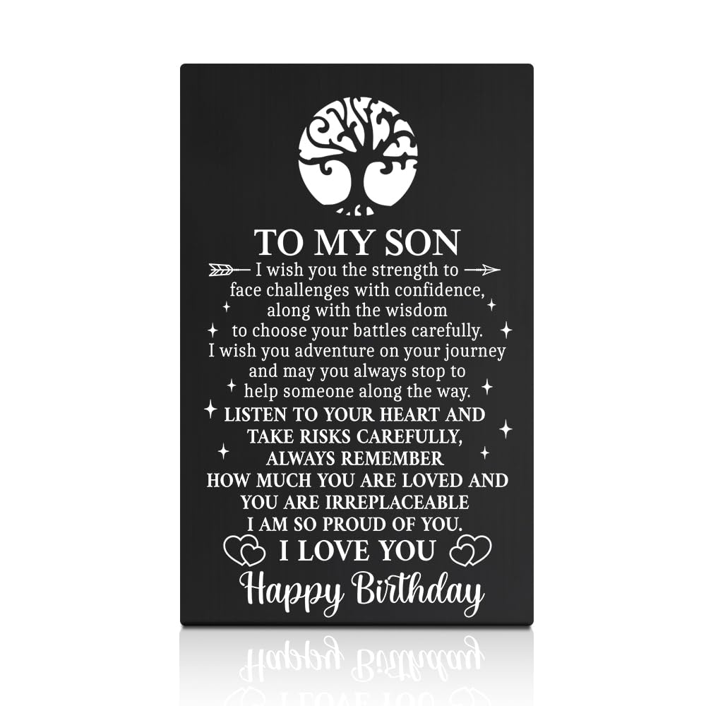 GEYGIE To My Son Happy Birthday Black Wallet Card, Engraved Metal Wallet Insert Card Thoughtful Family Greeting from Mom Dad, Heartfelt Birthday Gifts for Awesome Son with Meaningful Love Message