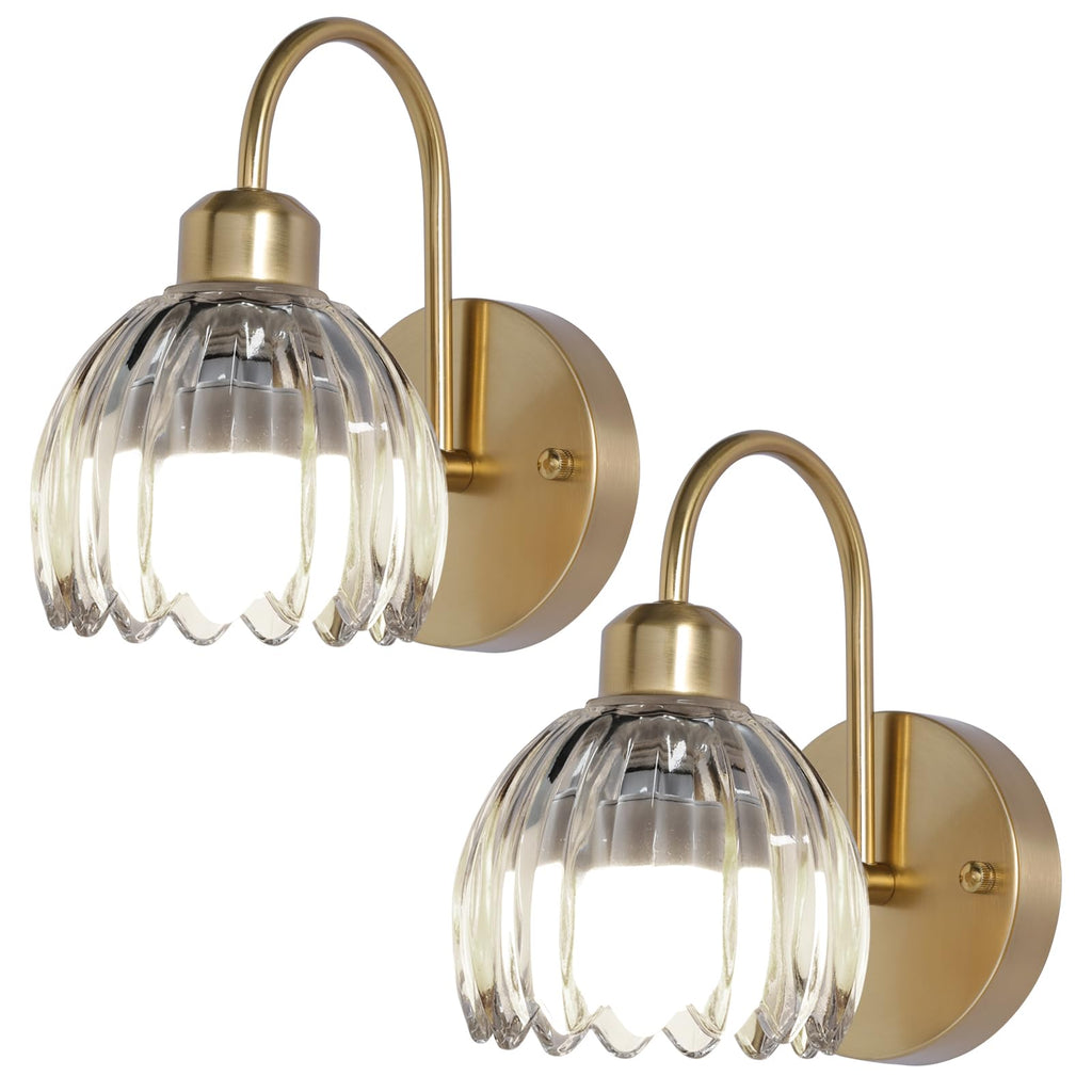 HMLUESR Cordless Wall Sconce Sets of 2, Tulip Glass Shades Rechargeable Battery Operated Wall Sconce, Retro Flower Gold