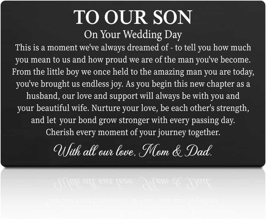 GEYGIE To Our Son On Your Wedding Day Black Wallet Card, Engraved Metal Wallet Insert Card Love Notes from Mom & Dad, Groom Poem Cards Gifts from Parent, Sentimental Wedding Day Message Gifts for Son
