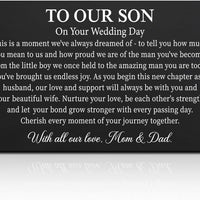 GEYGIE To Our Son On Your Wedding Day Black Wallet Card, Engraved Metal Wallet Insert Card Love Notes from Mom & Dad, Groom Poem Cards Gifts from Parent, Sentimental Wedding Day Message Gifts for Son