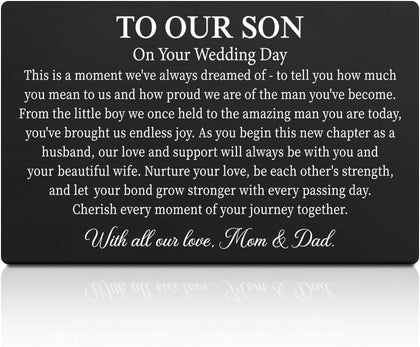 GEYGIE To Our Son On Your Wedding Day Black Wallet Card, Engraved Metal Wallet Insert Card Love Notes from Mom & Dad, Groom Poem Cards Gifts from Parent, Sentimental Wedding Day Message Gifts for Son