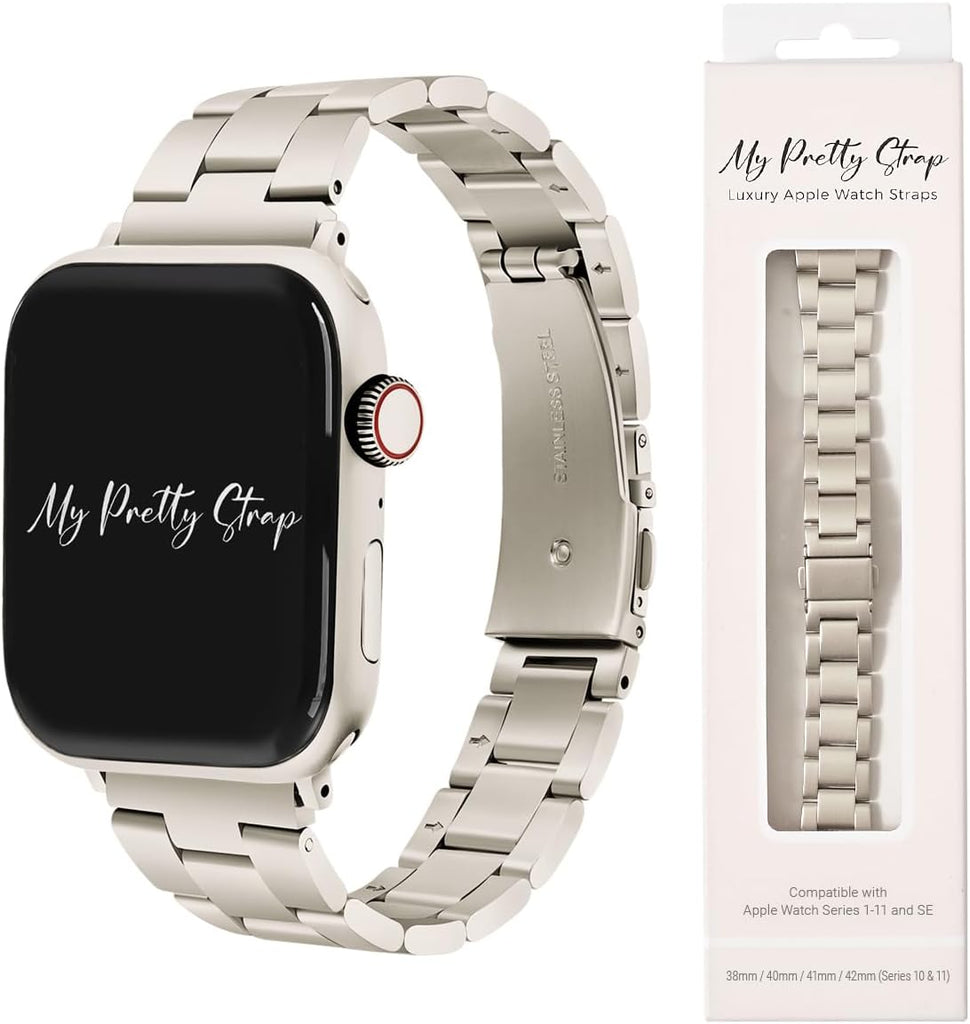 My Pretty Strap Classic Vogue Band Compatible with Apple WATCH SE Series 9 8 7 6 5 4 3 2 1, 38MM / 40MM / 41MM, Stainless Steel Metal Starlight for Women
