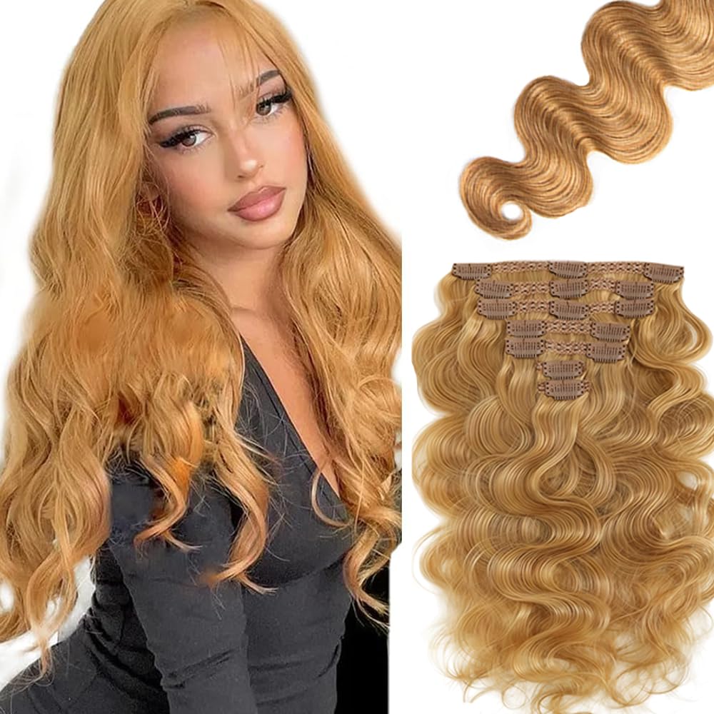 16 Inch Honey Blonde Clip in Hair Extensions,Soft Real Human Hair 120g 7pcs,Brazilian Remy Clip ins,Color 27 Body Wave Clip ins Silky Hair Extensions