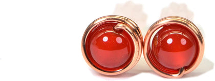Copper Wire Wrapped Stud Earrings Natural Moonstone Round 6mm Earrings Gift For Girlfriend (carnelian)