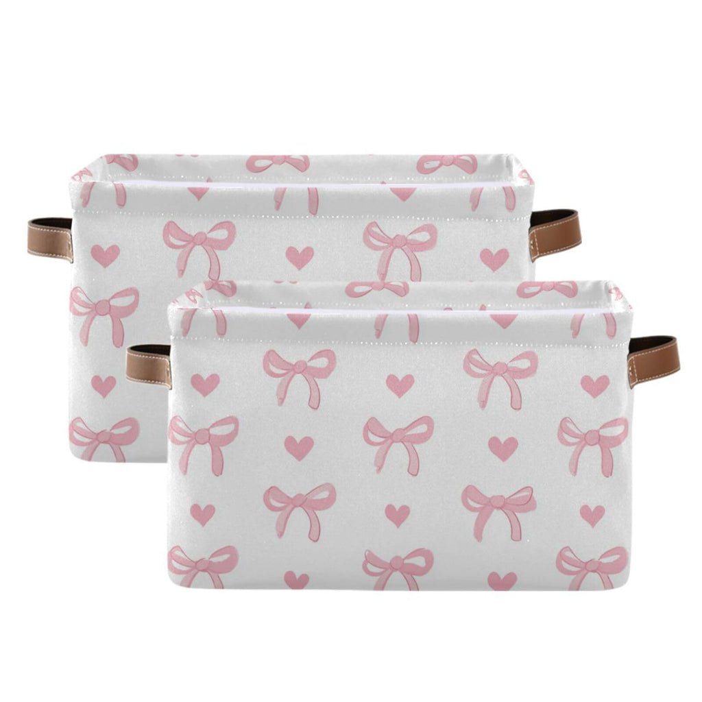Aslsiy Storage Basket Cute Coquette Pink Bow Nursery Bins White Baby Box Canvas Clothes Shelf Basket Laundry Hamper 2 Pcs