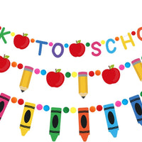 Doumeny 3Pcs Back to School Felt Banner Garland Pencil Apple Bunting Garland Crayon Felt Hanging Bunting Colorful Pompom Ball Banner for First Day of School Classroom Mantle Home Wall Party Supplies